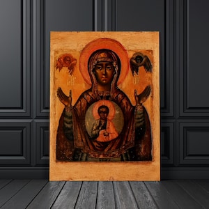 Antique Mother of God of the Sign, Vintage Black Madonna Painting, Black Virgin Mary, Vintage Religious Icon, Catholic Art Print