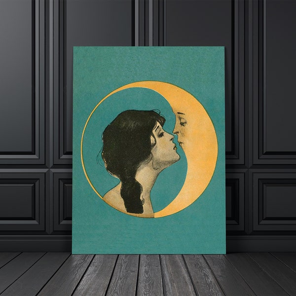 Vintage Moon Wall Art, Vintage Woman Kissing Moon Print, Crescent Moon, Man In The Moon, Art Nouveau Print, Antique Moon Face, Moon Art