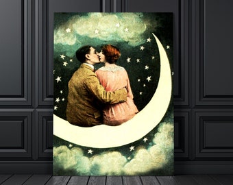 Luna creciente vintage con impresión de besos de pareja, fotografía antigua coloreada a mano, arte del amor, fotografía de luna de papel retro, arte de pared celestial
