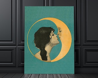 Vintage Moon Wall Art, Vintage Woman Kissing Moon Print, Crescent Moon, Man In The Moon, Art Nouveau Print, Antique Moon Face, Moon Art