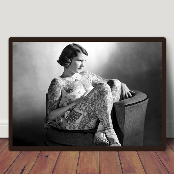 Vintage Tattooed Lady Photo, Antique Tattoo Art, Unique Tattoo Art Print, Woman With Tattoos Photo, Tattoo Shop Decor, Tattoo Lover Gifts