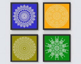 Set di 4 stampe da parete con mandala, decorazioni da parete con mandala, decorazioni per la casa, stampe da parete con mandala floreali, stampe da parete quadrate, mandala disegnati a mano, set di stampe yoga
