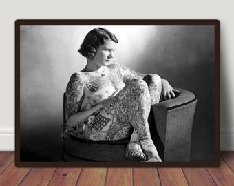Vintage Tattooed Lady Photo, Antique Tattoo Art, Unique Tattoo Art Print, Woman With Tattoos Photo, Tattoo Shop Decor, Tattoo Lover Gifts