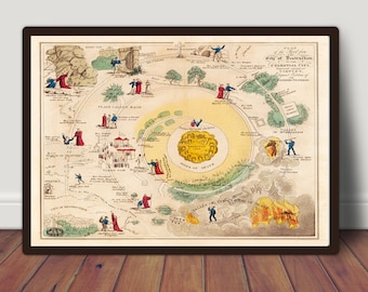 The Pilgrim&#39;s Progress Map 1850 Print, Vintage Home Decor, Antique Illustration Print, Minimalist Christian, Christian Gifts, Printable Art