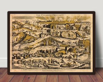 The Pilgrim&#39;s Progress Map 1813 Print, Illustration Map Of The Pilgrim&#39;s Progress Print, Vintage Illustration Map, Vintage Home Decor