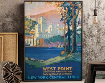 Vintage West Point, United States Military Academy, in the highlands of the Hudson, New York Central Lines Travel Poster, New York Travel