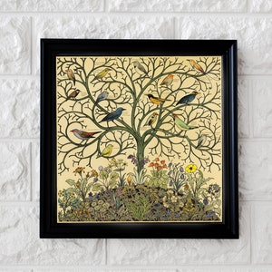 Antique Tree of Life Painting With Songbirds - Vintage Birds Art Print, Vintage Nature Painting, Songbirds Art Print, Tropical Bird Wall Art