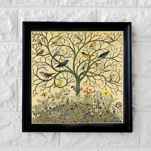 Antiker Baum des Lebens Gemälde mit Singvögeln - Vintage Vögel Kunstdruck, Vintage Naturmalerei, Singvögel Kunstdruck, Tropischer Vogel Wandkunst