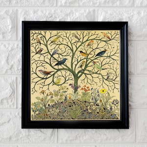 Antique Tree of Life Painting With Songbirds - Vintage Birds Art Print, Vintage Nature Painting, Songbirds Art Print, Tropical Bird Wall Art