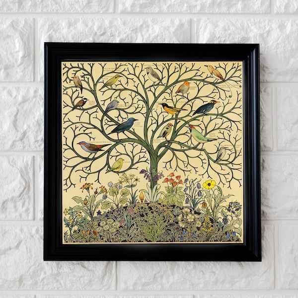 Antique Tree of Life Painting With Songbirds - Vintage Birds Art Print, Vintage Nature Painting, Songbirds Art Print, Tropical Bird Wall Art