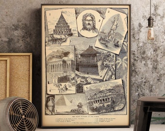 Vintage 1882 de zeven wonderen van de wereld, vintage reisposter, afdrukbare vintage poster, vintage reisprint, DIY decor, retro kunst