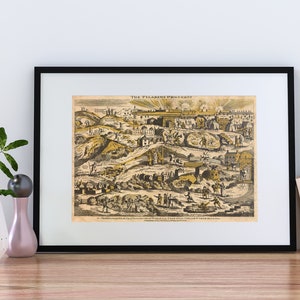 May include: A framed black and white print of "The Pilgrim's Progress" with a yellowed background. The print depicts a scene of people walking through a landscape with buildings and trees.