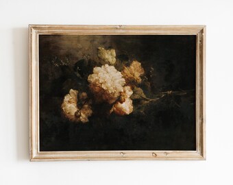 Antik blomtryck, stämningsfullt blomtryck, stämningsfull rustik stillebenmålning, mörk akademi, vintagemålning, blommålning, utskrivbar konst
