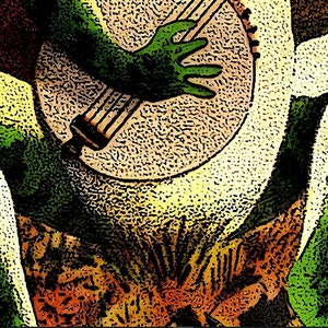 Puede incluir: Una rana verde tocando un banjo. La rana est&aacute; sentada sobre un fondo marr&oacute;n y naranja con un patr&oacute;n floral.