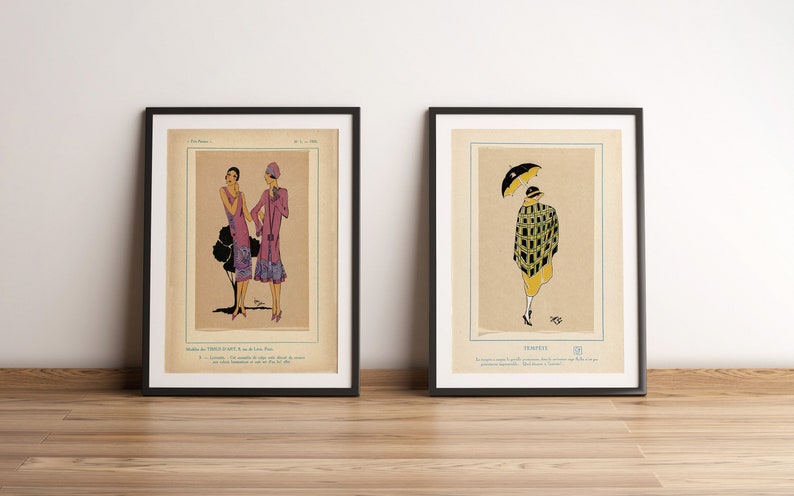 Vintage Fashion Illustration SET OF 2, Vintage Clothing, Fashion Wall Art, Paris Style, Vintage fashion Drawing, Women's Fashion, Très Parisien 1925, Printable Art, Instant Download