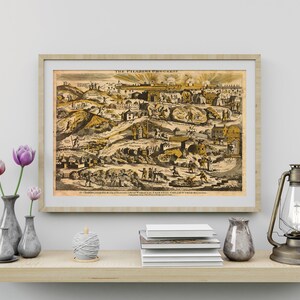 May include: A framed vintage print of "The Pleasing Prospect" depicting a detailed illustration of a city with buildings, people, and a landscape. The print is in shades of brown, yellow, and black.