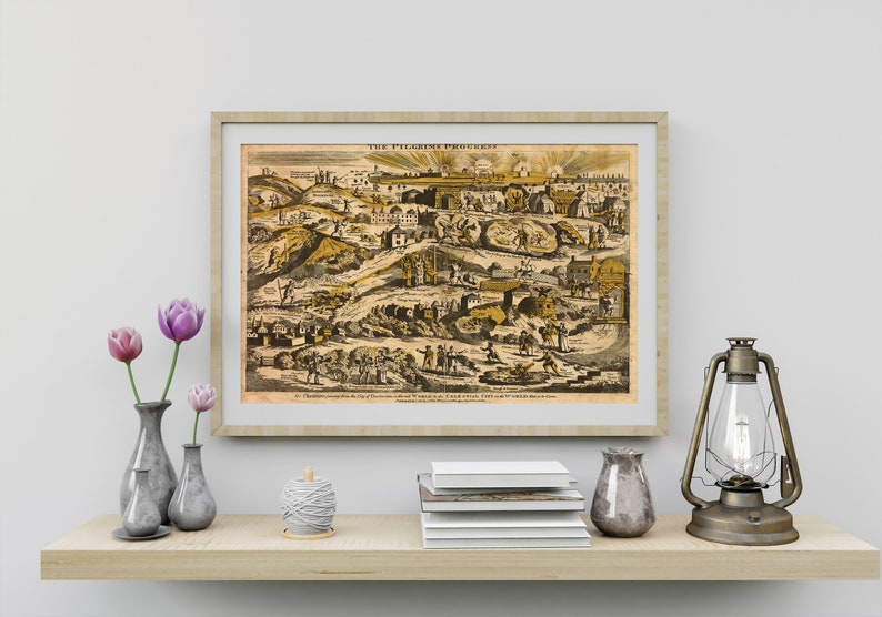 May include: A framed vintage print of "The Pleasing Prospect" depicting a detailed illustration of a city with buildings, people, and a landscape. The print is in shades of brown, yellow, and black.