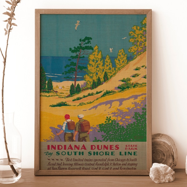 1929 Original Indiana Dunes State Park by South Shore Line, Vintage Travel Poster, USA Travel Poster, Printable Retro Travel Poster