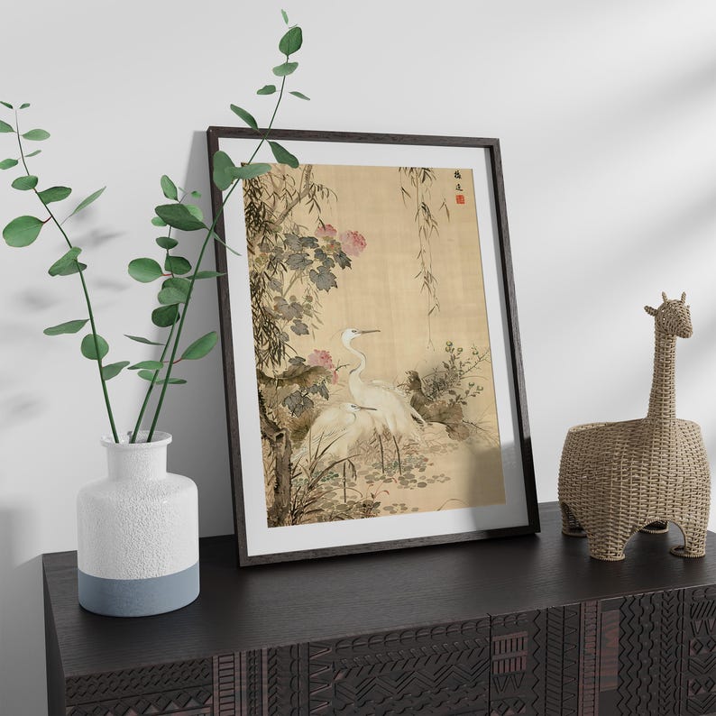 Vintage Japanese bird and flower wall art print
