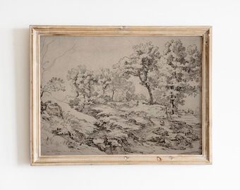 Antique Landscape Drawing, Vintage Neutral Landscape Sketch, Vintage Modern Art, Vintage Neutral Drawing, Neutral Prints, Printable Art