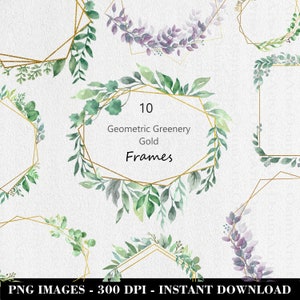 Aquarel groen gouden frame krans, set van 10 PNG, geometrische frames, gebladerte frame, gouden frame, groene bladeren ClipArt, commercieel gebruik