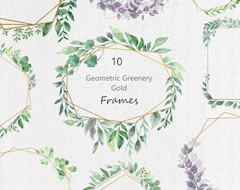 Watercolor Greenery Gold Frame Wreath, Set of 10 PNG, Geometric Frames, Foliage Frame, Gold Frame, Green Leaves ClipArt, Commercial Use