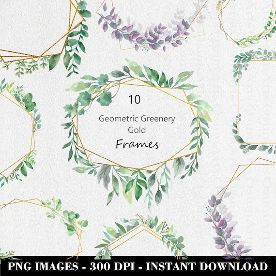 Watercolor Greenery Gold Frame Wreath Set of 10 PNG | Etsy