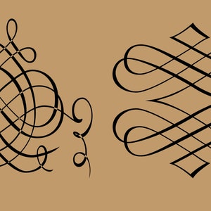 May include: Two black and white intricate decorative swirls on a brown background. The swirls are made up of multiple loops and curves.