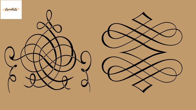 May include: Two black and white intricate decorative swirls on a brown background. The swirls are made up of multiple loops and curves.