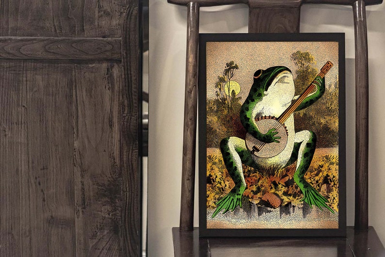 Puede incluir: Una rana verde tocando un banjo en una ilustraci&oacute;n vintage. La rana est&aacute; sentada en una roca con un fondo verde, marr&oacute;n y amarillo.