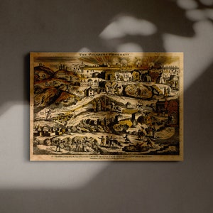 May include: A vintage illustration depicting "The Pilgrim's Progress" by John Bunyan. The image shows a winding path through a landscape with various figures and symbols representing different stages of the Christian journey. The text at the bottom reads "As Christian journeyed from the City of Destruction to Mount Zion, he met with many difficulties and temptations, but by the grace of God, he overcame them all."