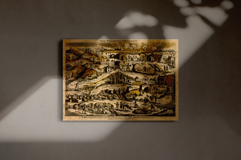 May include: A vintage illustration depicting "The Pilgrim's Progress" by John Bunyan. The image shows a winding path through a landscape with various figures and symbols representing different stages of the Christian journey. The text at the bottom reads "As Christian journeyed from the City of Destruction to Mount Zion, he met with many difficulties and temptations, but by the grace of God, he overcame them all."