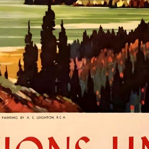 Op de afbeelding: Een vintage reisposter die reclame maakt voor vakanties in de Canadese Rockies. De poster toont een schilderachtig landschapsbeeld van een meer omringd door bergen en bomen. De tekst "Vacations Unlimited" is zichtbaar onderaan de poster.