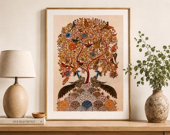 Vintage Kalamkari Tree of Life with Peacocks Print, Indian Folk Art, Traditional Indian Wall Art,  Antique Botanical Decor, Printable Art