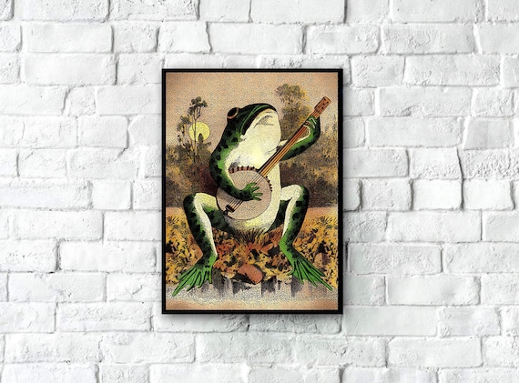 Vintage Frog Poster - A Frog Playing Banjo in The Moonlight, Vintage Print, Frog Wall Art, Cute Art Print, Funny Wall Art, Wall Decor Poster