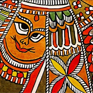 May include: A colorful painting with intricate details depicting two female figures with large eyes and red lips. The figures are surrounded by geometric patterns and floral motifs in shades of orange, red, yellow, green, and white.