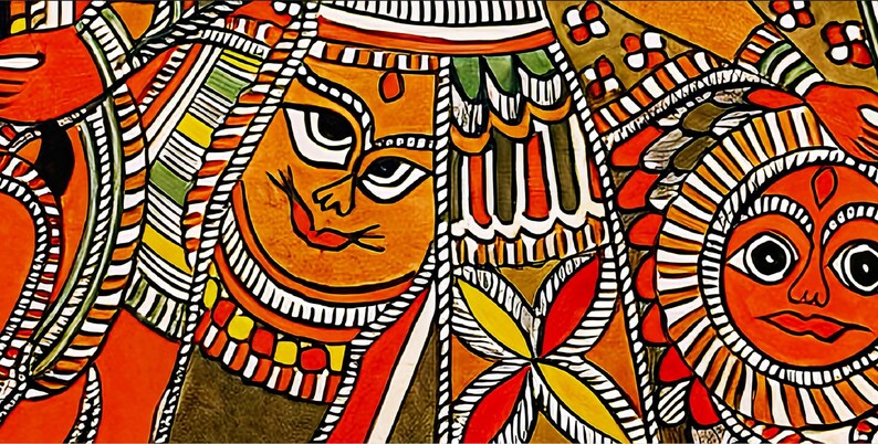 May include: A colorful painting with intricate details depicting two female figures with large eyes and red lips. The figures are surrounded by geometric patterns and floral motifs in shades of orange, red, yellow, green, and white.