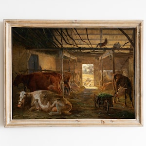 Vintage Cow Farmhouse Print, A Cowshed on a Farm, Vintage Cow Painting, Farm Animals, Farmhouse Decor, Vintage Cow Art Print, Printable Art