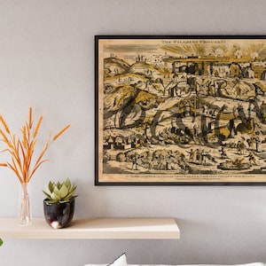 May include: A framed black and white print of "The Pilgrim's Progress" by John Bunyan. The print depicts a detailed map of the journey of Christian through the Valley of the Shadow of Death, the City of Destruction, and the Celestial City. The print is framed in a black frame with a white mat.