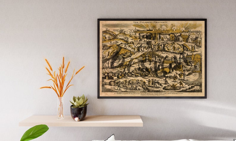 May include: A framed black and white print of "The Pilgrim's Progress" by John Bunyan. The print depicts a detailed map of the journey of Christian through the Valley of the Shadow of Death, the City of Destruction, and the Celestial City. The print is framed in a black frame with a white mat.
