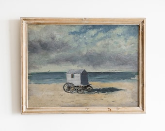 Vintage Beach Art Print, Antique Beach Painting, Printable Beach Art, Bathing Hut on the Beach, Beach Wall Art, Neutral Beach Art