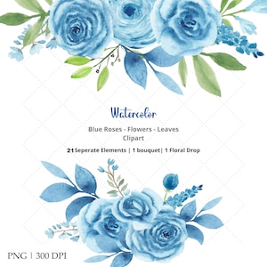 Blauwe aquarel bloemen clipart, blauwe rozen, bruiloft rozen, 1 boeket, 1 bloemendruppel, bladeren, gratis commercieel gebruik, 21 afzonderlijke elementen PNG