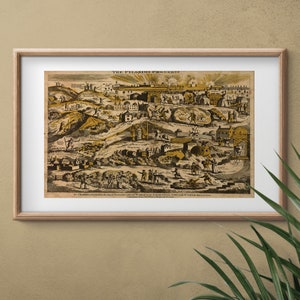 May include: A vintage black and white print of a historical scene depicting "The Pleasing Prospect" with a detailed illustration of a city with buildings, people, and a bridge. The print is framed in a light wood frame.