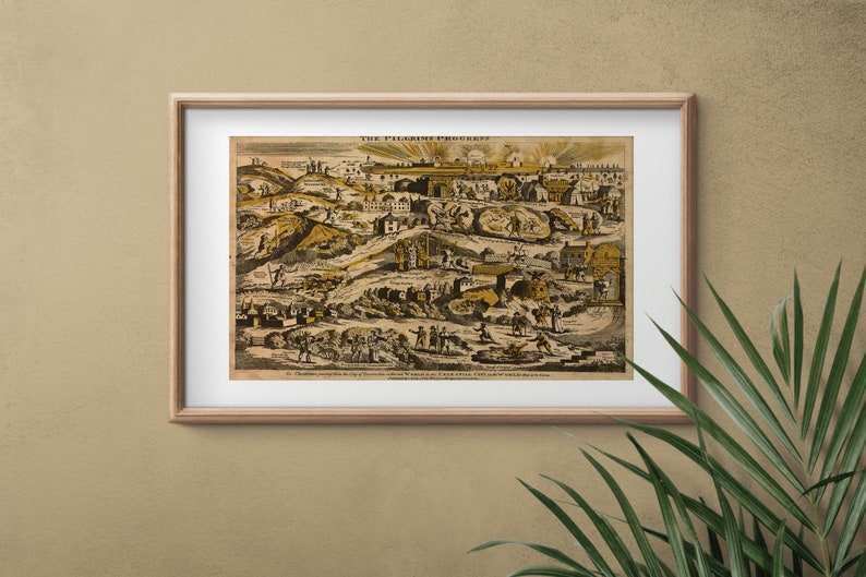 May include: A vintage black and white print of a historical scene depicting "The Pleasing Prospect" with a detailed illustration of a city with buildings, people, and a bridge. The print is framed in a light wood frame.