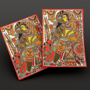 May include: Two colorful paintings on paper depicting Hindu deities. The paintings are framed with a red border and feature intricate details in yellow, red, orange, green, and black.
