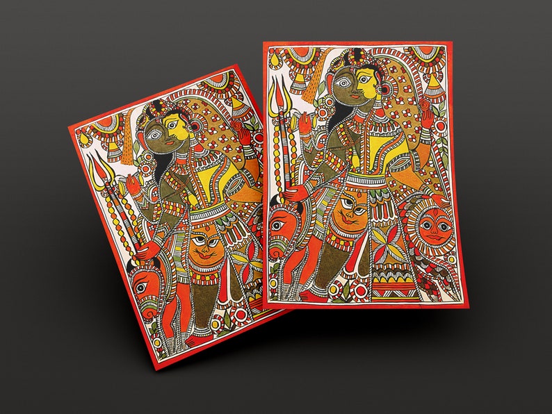 May include: Two colorful paintings on paper depicting Hindu deities. The paintings are framed with a red border and feature intricate details in yellow, red, orange, green, and black.