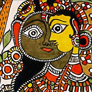 May include: A colorful painting depicting a couple in a traditional Indian style. The woman has yellow skin and the man has brown skin. They are both wearing elaborate jewelry and clothing. The painting is done in a vibrant palette of reds, oranges, yellows, greens, and blues.