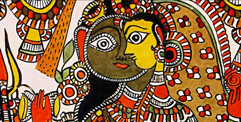 May include: A colorful painting depicting a couple in a traditional Indian style. The woman has yellow skin and the man has brown skin. They are both wearing elaborate jewelry and clothing. The painting is done in a vibrant palette of reds, oranges, yellows, greens, and blues.