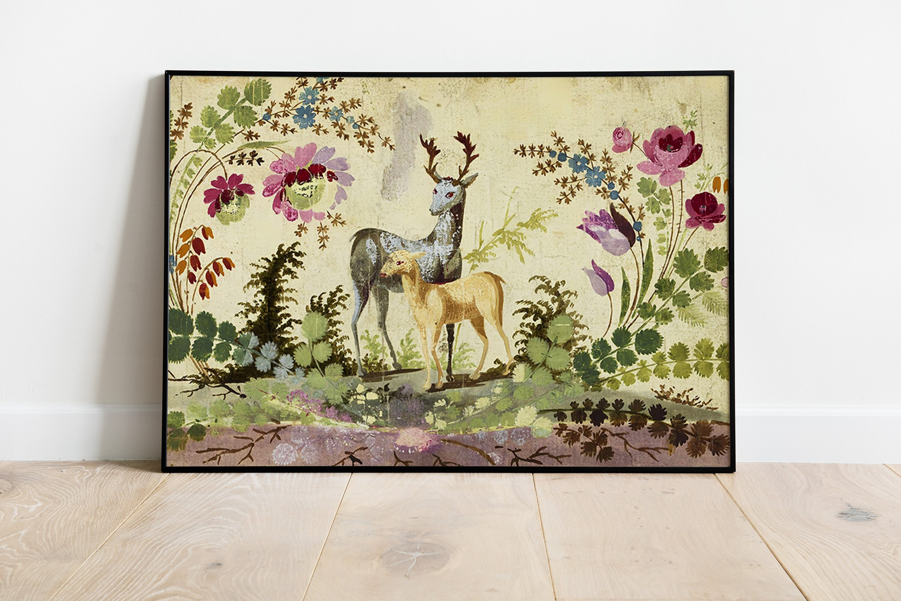Antique Deer and Fawn With Flowers Painting, Vintage Deer Art Print ...