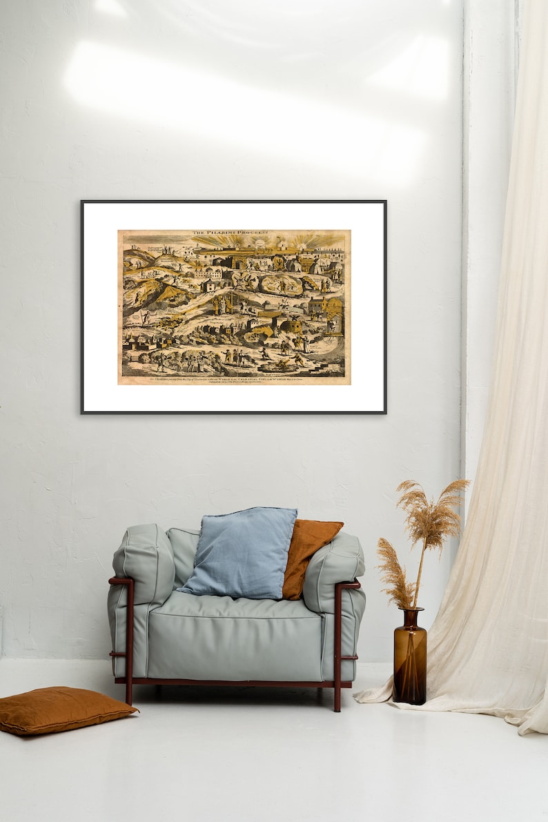 May include: A vintage illustration of "The Pilgrim's Progress" by John Bunyan. The image depicts a detailed scene with multiple figures and buildings, all in shades of brown and yellow.